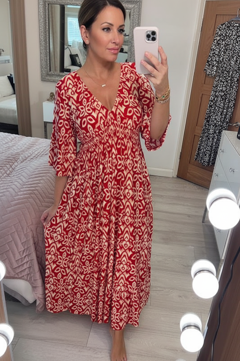 Bohemian Midi-Kleid von Selene für Damen mit Blumenmuster und V-Ausschnitt