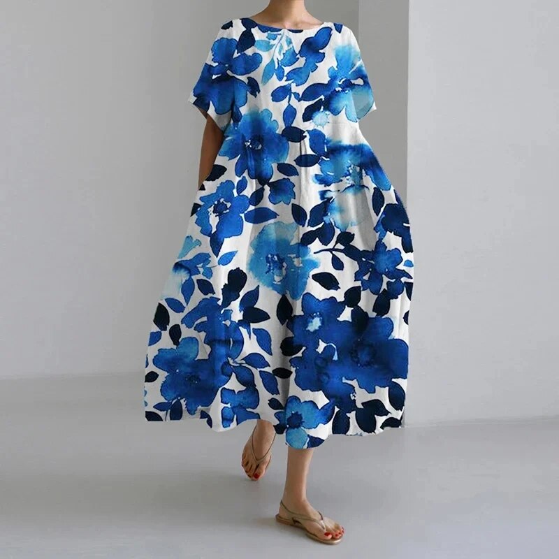 Floria | Lebhaftes Blumenkleid für Damen mit Rundhalsausschnitt und kurzen Ärmeln