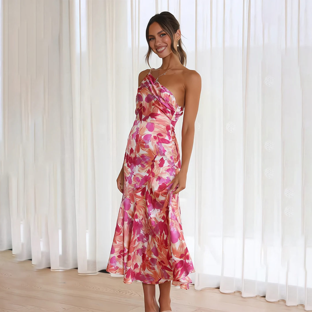 Jenny | Stylisches Sommer-Blumenkleid für Damen mit asymmetrischem Ausschnitt