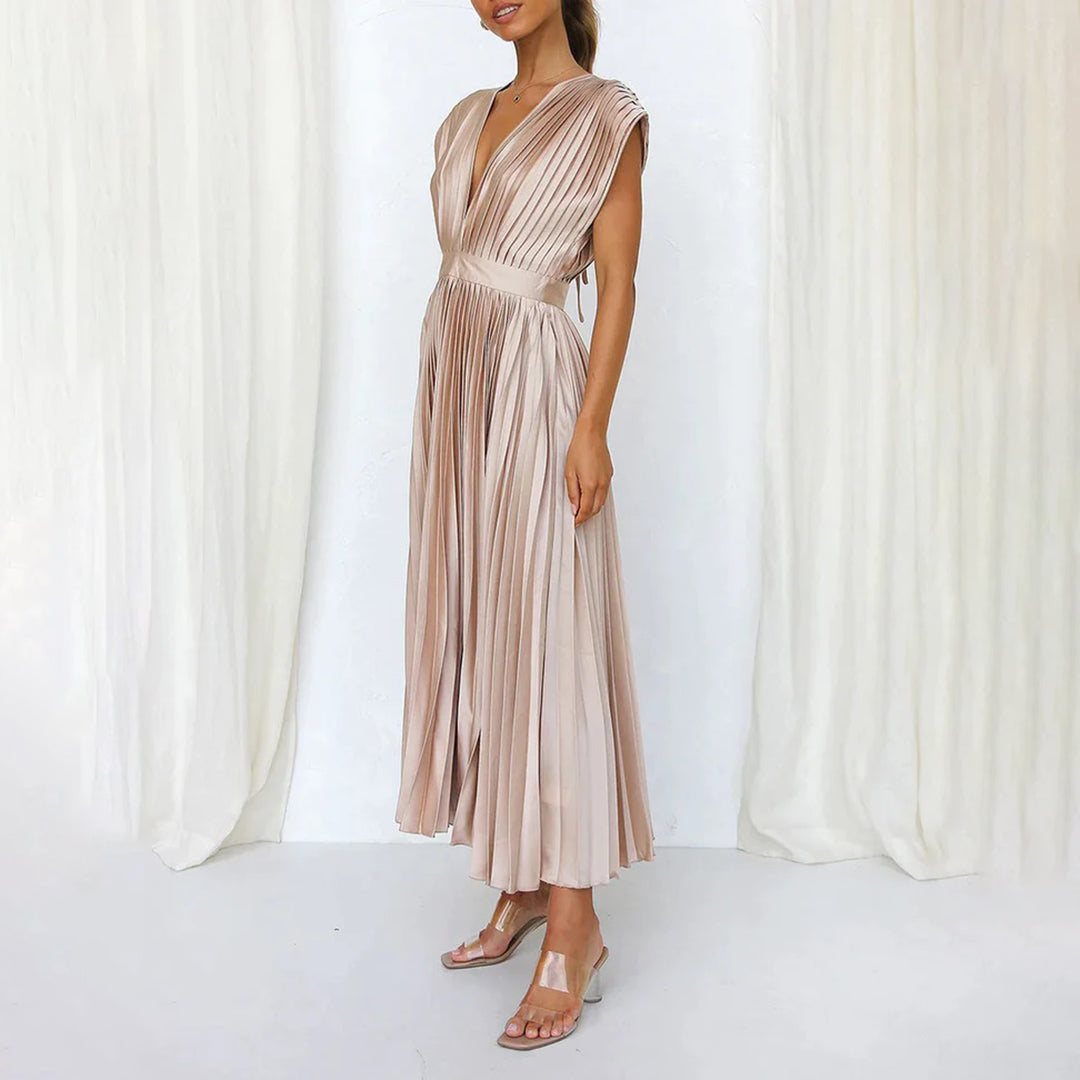 Lena | Elegantes Midikleid für Damen mit V-Ausschnitt und kurzen Ärmeln