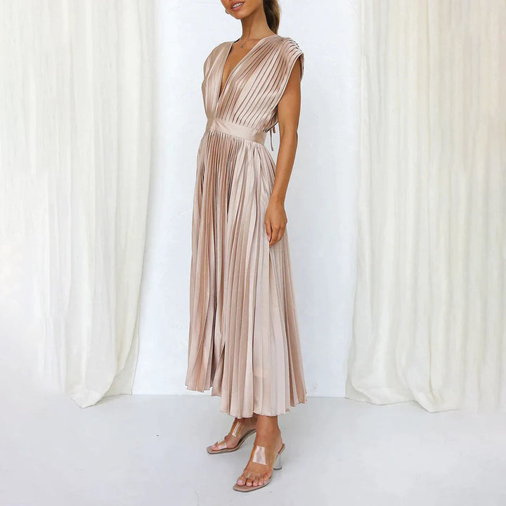 Lena | Elegantes Midikleid für Damen mit V-Ausschnitt und kurzen Ärmeln
