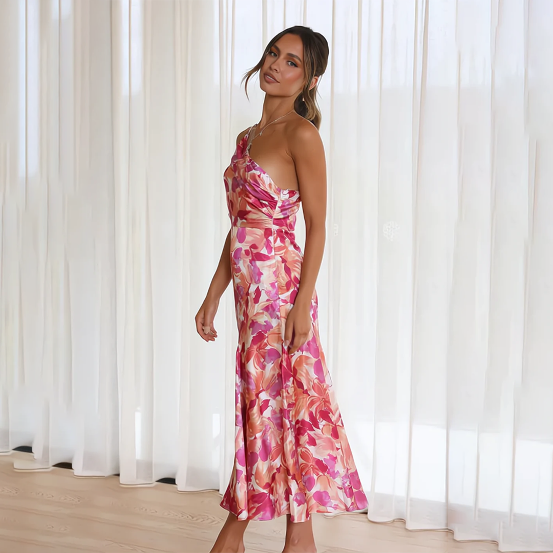 Jenny | Stylisches Sommer-Blumenkleid für Damen mit asymmetrischem Ausschnitt