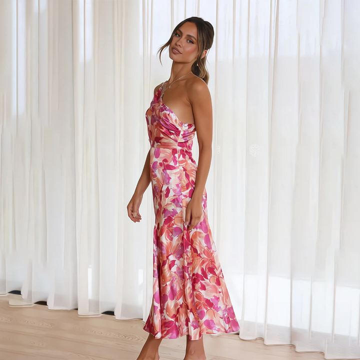 Jenny | Stylisches Sommer-Blumenkleid für Damen mit asymmetrischem Ausschnitt