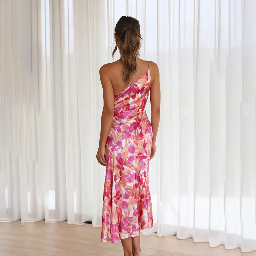 Jenny | Stylisches Sommer-Blumenkleid für Damen mit asymmetrischem Ausschnitt