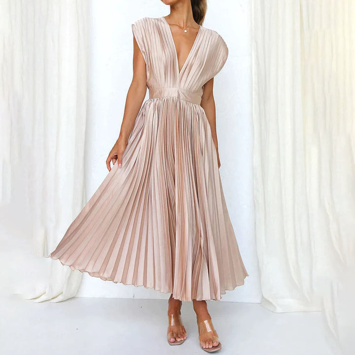 Lena | Elegantes Midikleid für Damen mit V-Ausschnitt und kurzen Ärmeln