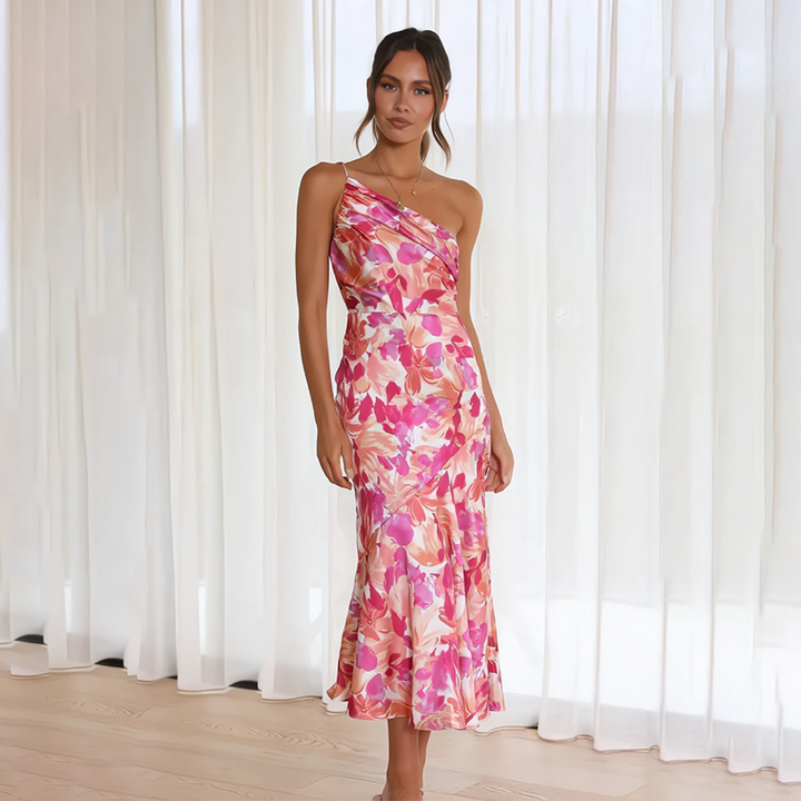 Jenny | Stylisches Sommer-Blumenkleid für Damen mit asymmetrischem Ausschnitt