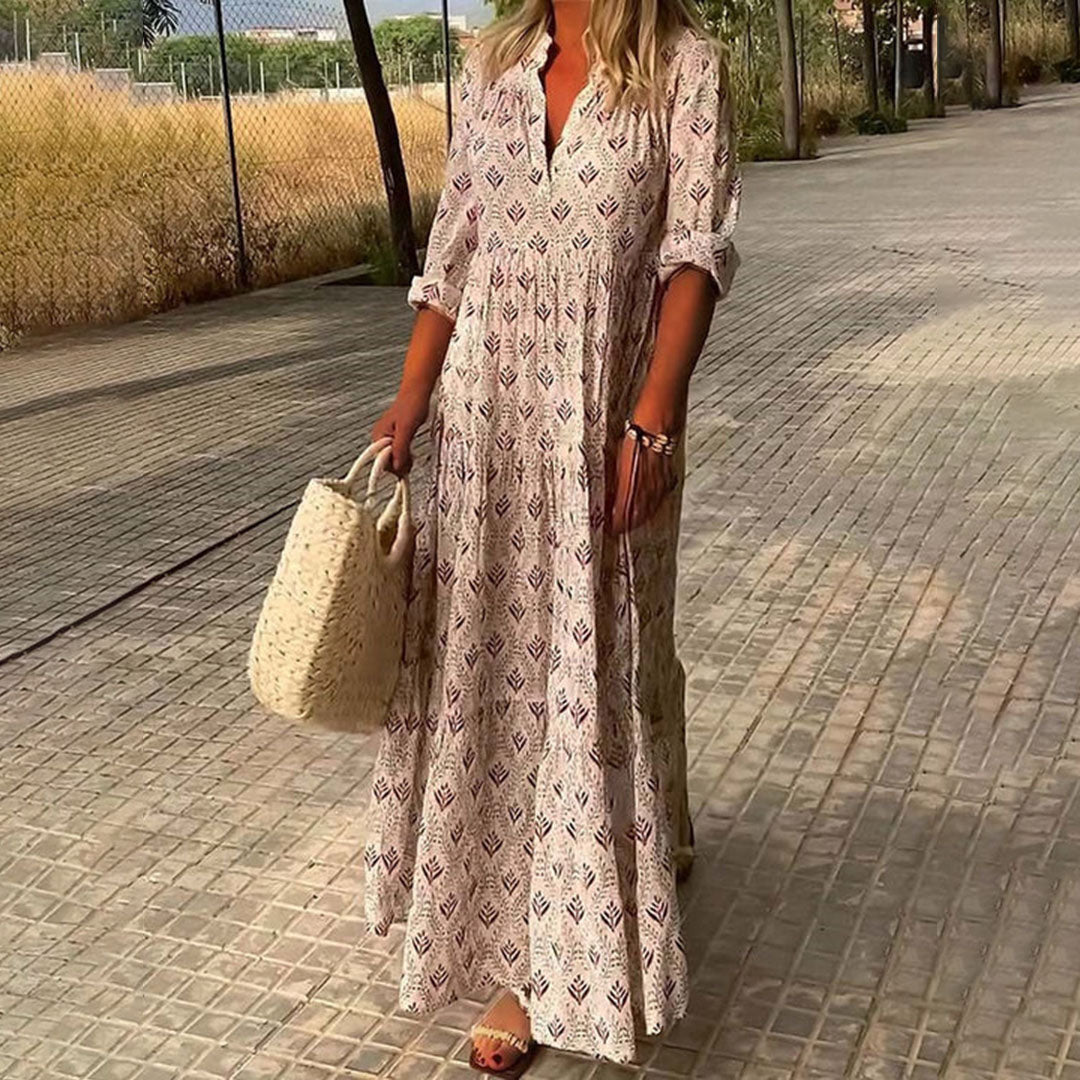 Clarissa | Schickes Boho-Maxikleid für Damen mit V-Ausschnitt und kurzen Ärmeln