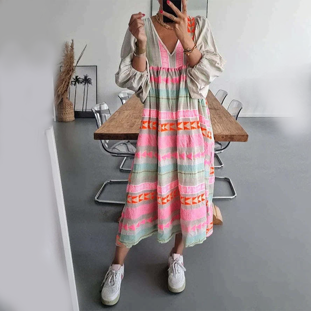 Sabrina | Bequemes Boho-Kleid mit geometrischem Muster und langen Ärmeln