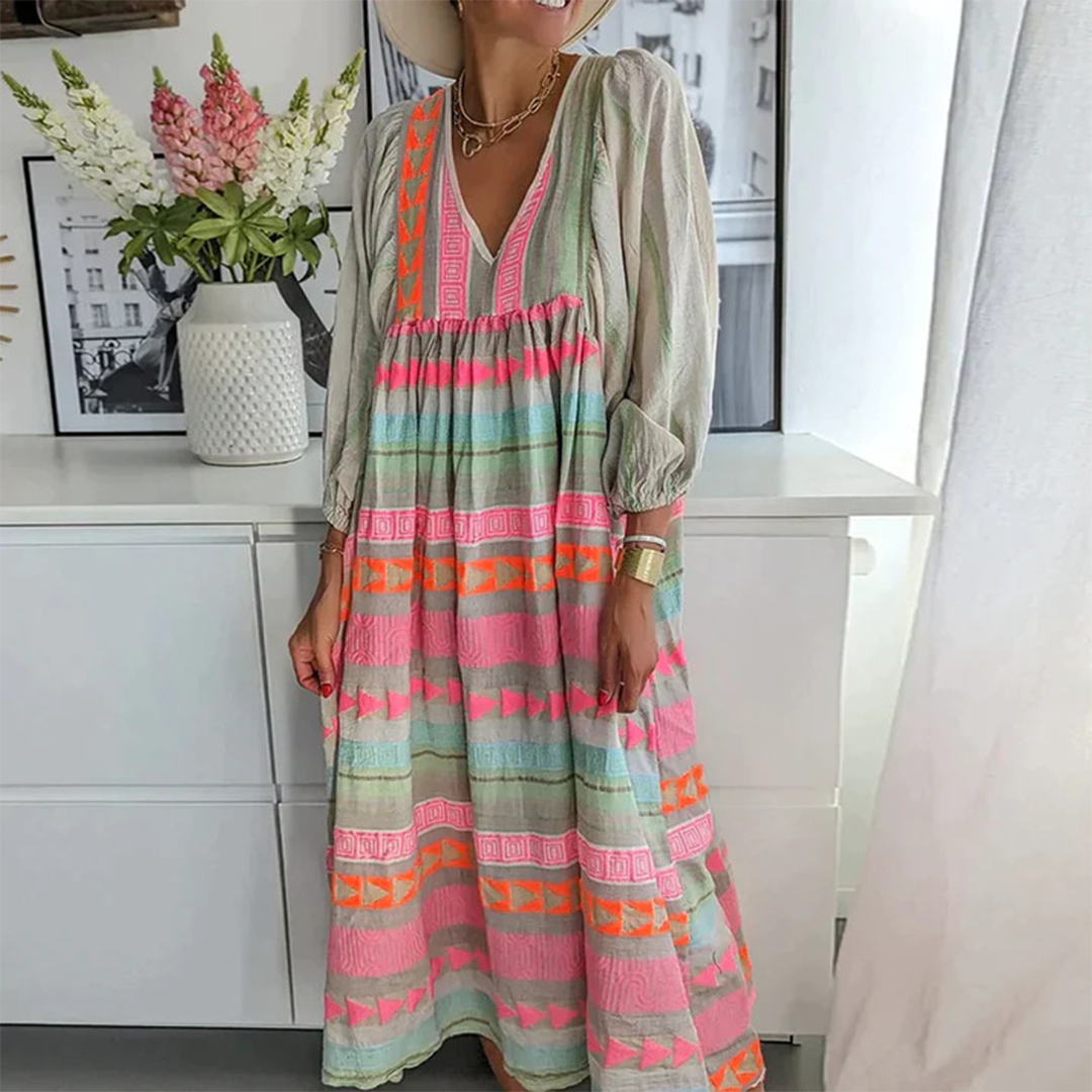 Sabrina | Bequemes Boho-Kleid mit geometrischem Muster und langen Ärmeln