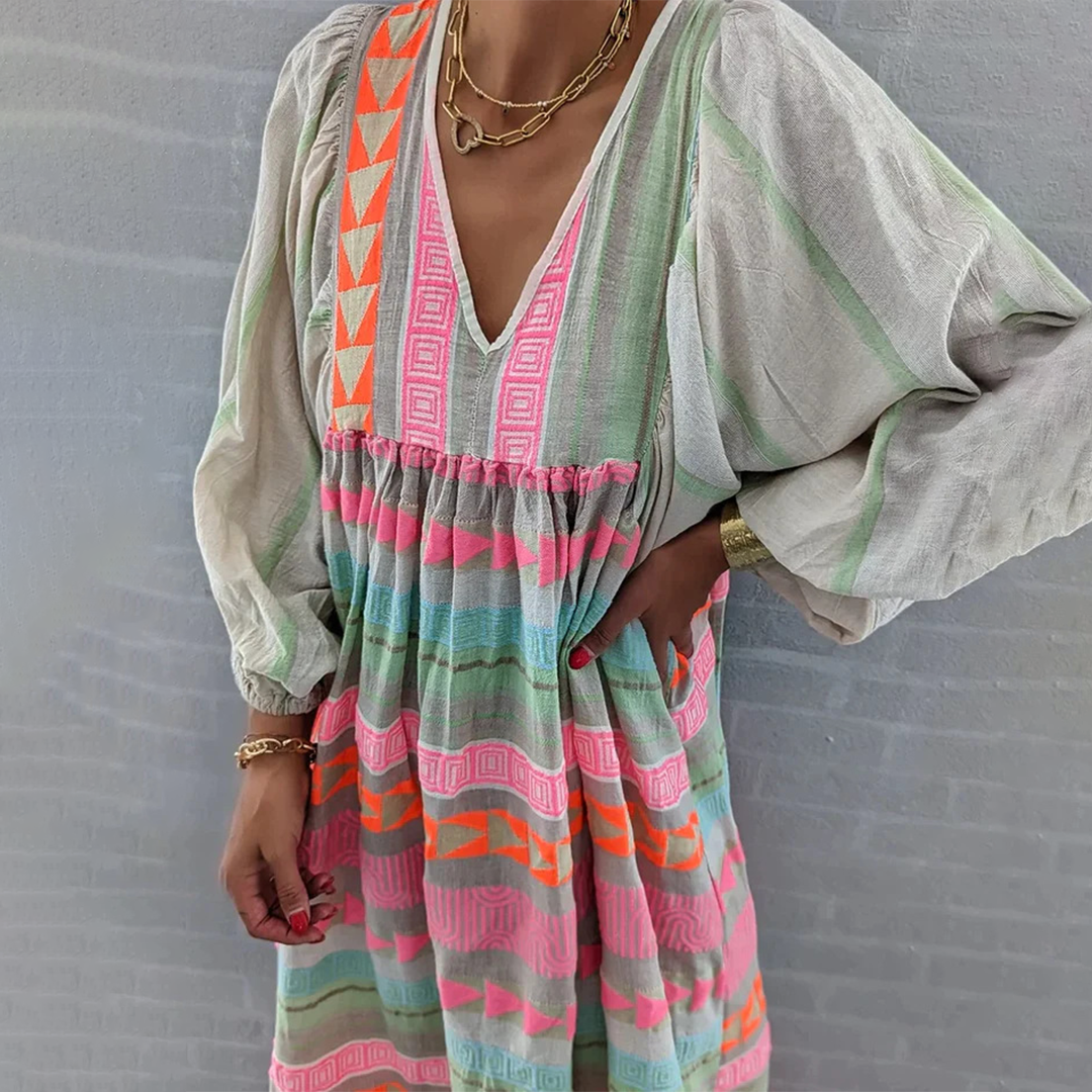 Sabrina | Bequemes Boho-Kleid mit geometrischem Muster und langen Ärmeln