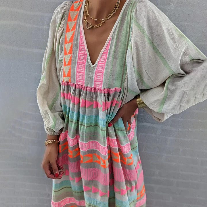 Sabrina | Bequemes Boho-Kleid mit geometrischem Muster und langen Ärmeln