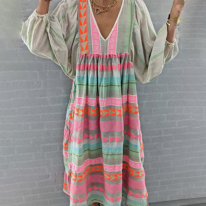 Sabrina | Bequemes Boho-Kleid mit geometrischem Muster und langen Ärmeln