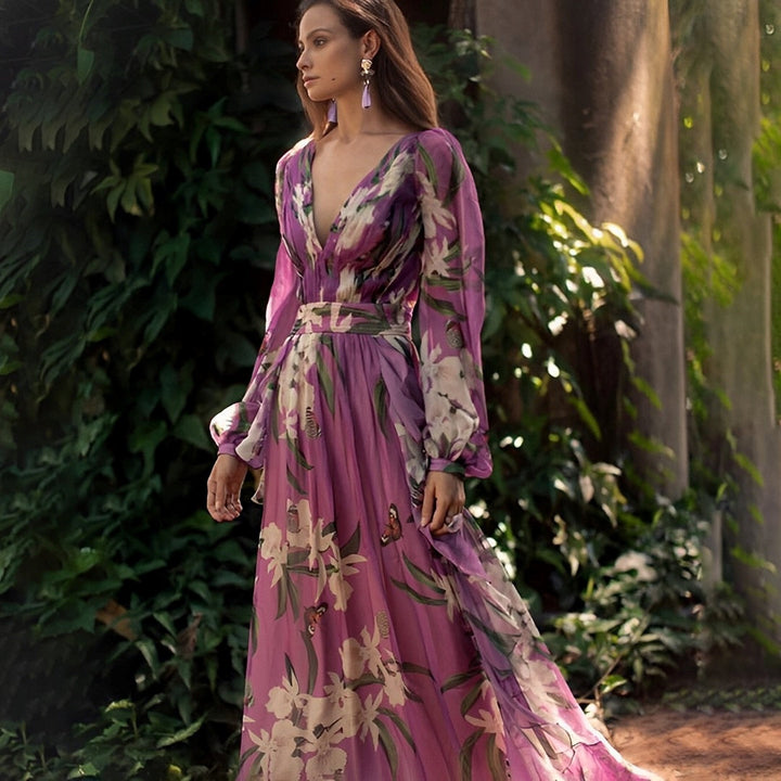 Carlotta | Damen Maxikleid mit Blumenmuster, V-Ausschnitt und langen Ärmeln
