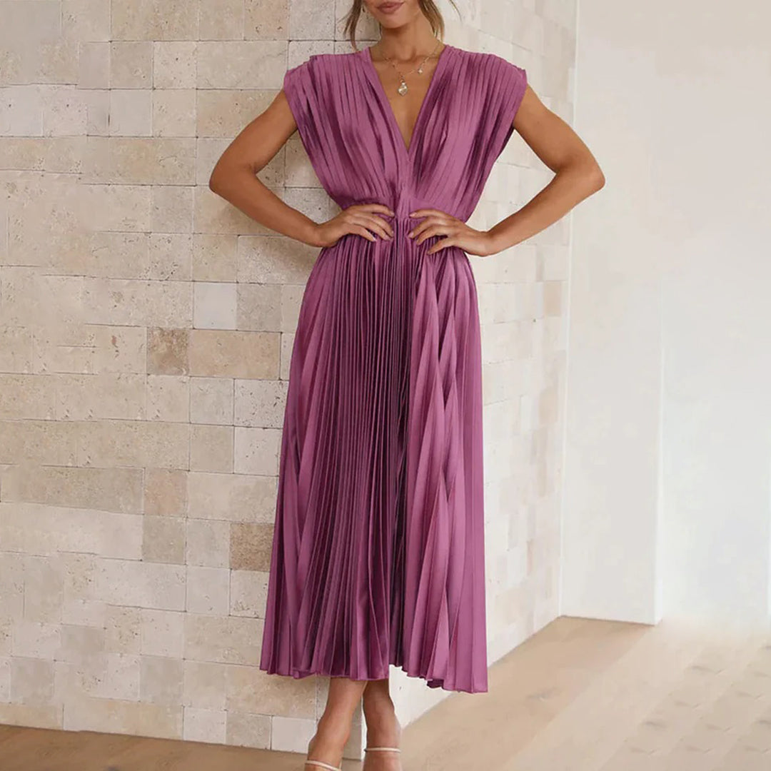 Cassia | Elegantes Midikleid für Damen mit V-Ausschnitt und kurzen Ärmeln