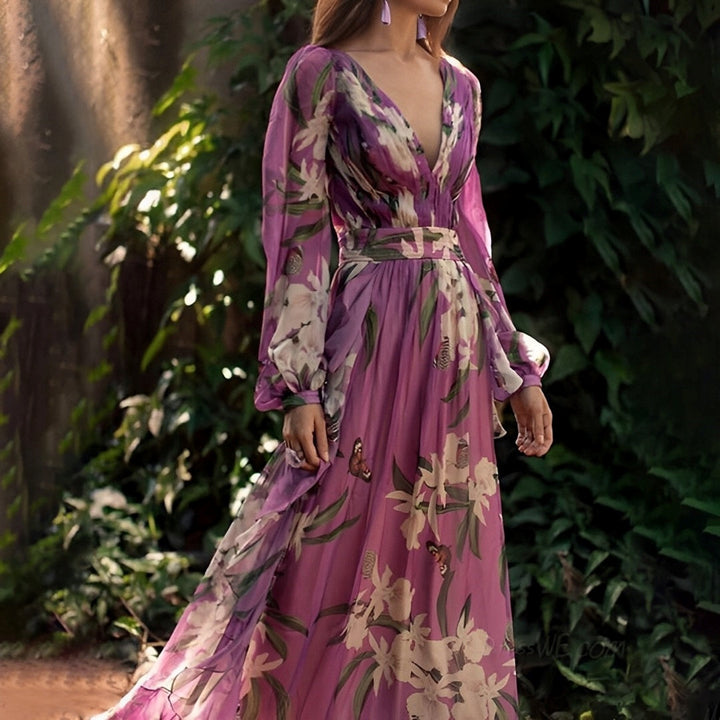 Carlotta | Damen Maxikleid mit Blumenmuster, V-Ausschnitt und langen Ärmeln