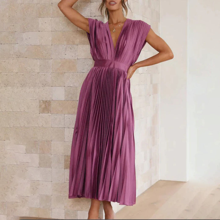 Cassia | Elegantes Midikleid für Damen mit V-Ausschnitt und kurzen Ärmeln