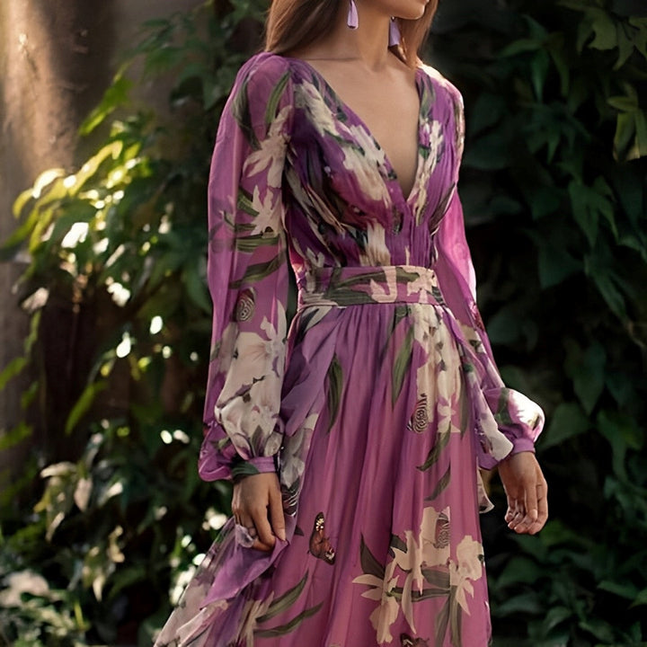 Carlotta | Damen Maxikleid mit Blumenmuster, V-Ausschnitt und langen Ärmeln