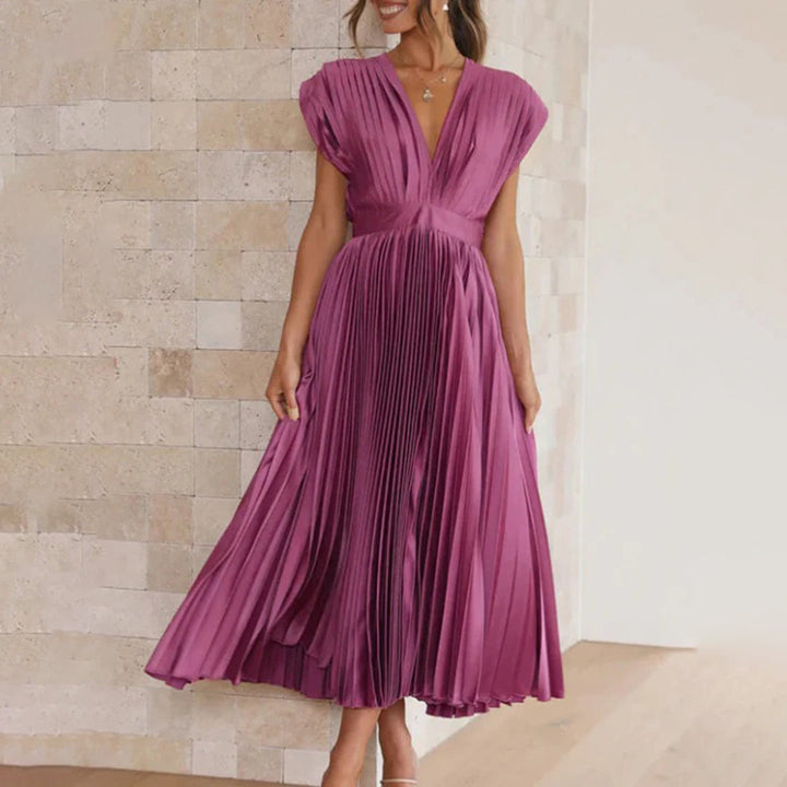 Lena | Elegantes Midikleid für Damen mit V-Ausschnitt und kurzen Ärmeln