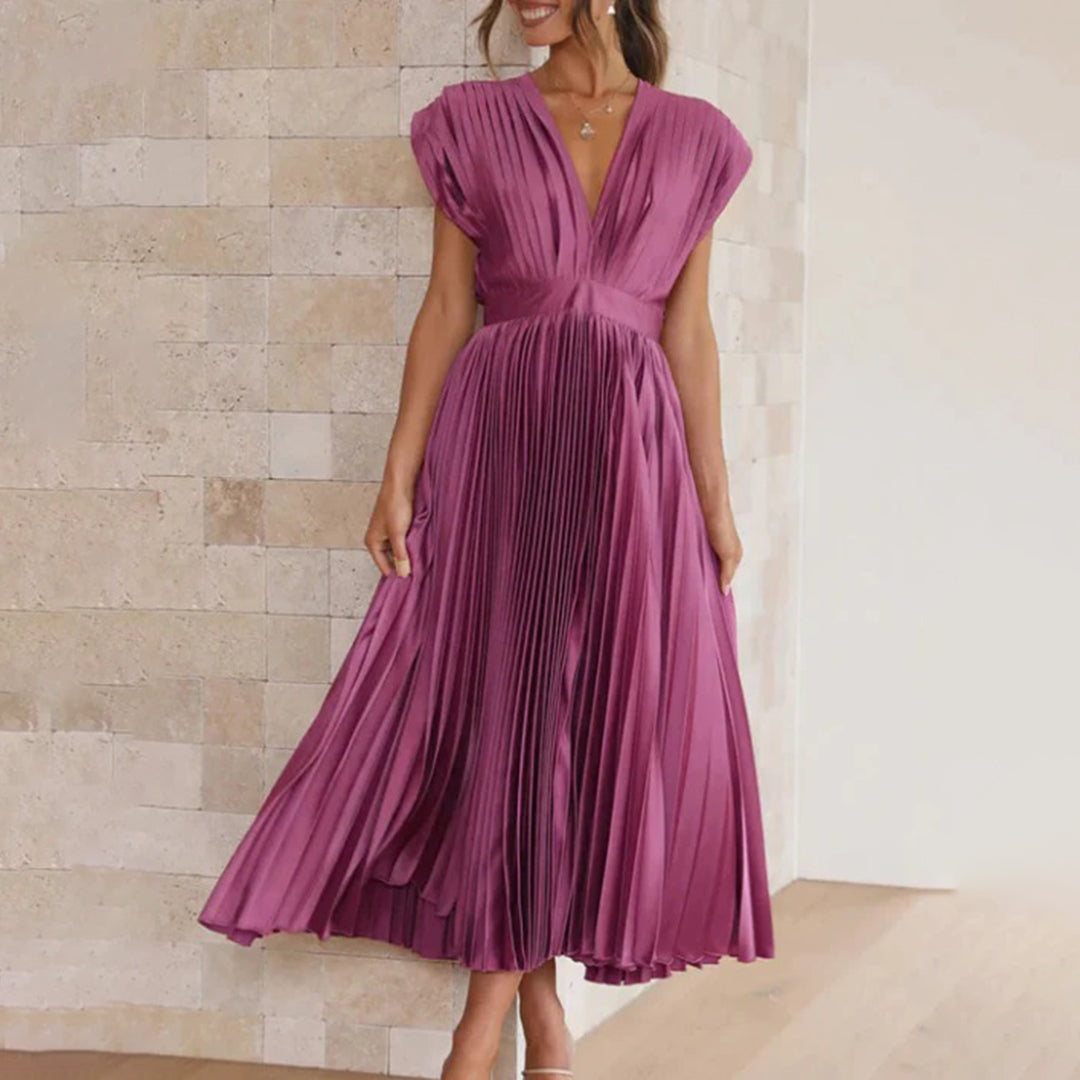 Cassia | Elegantes Midikleid für Damen mit V-Ausschnitt und kurzen Ärmeln