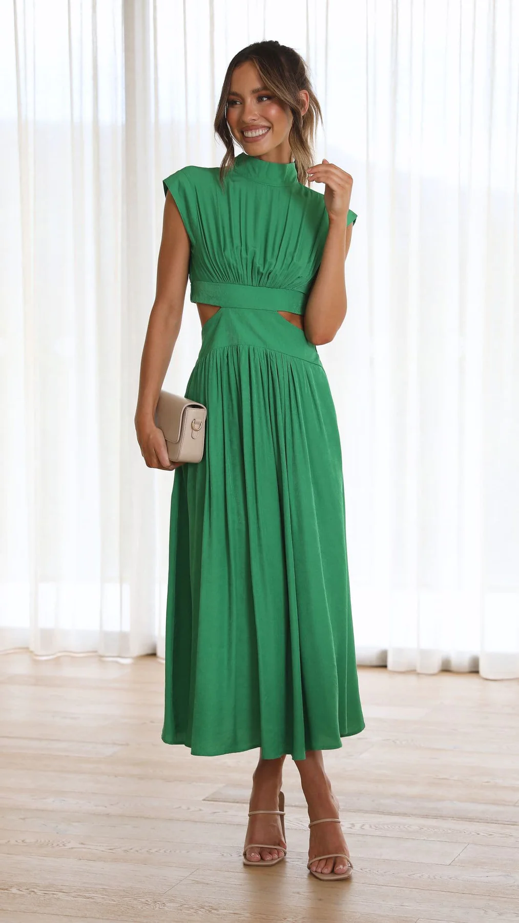 Quincy | Midi-Kleid für Damen mit Cut-Out und Taschen und Rundhalsausschnitt