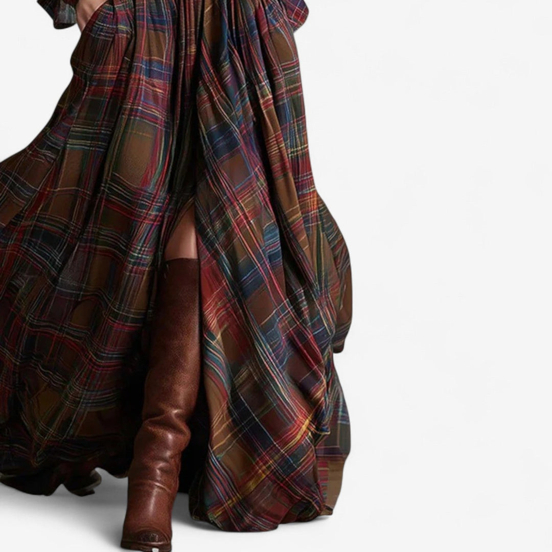Barboteau Maxi im zeitlosen Karomuster Kleid für Damen mit langen Ärmeln