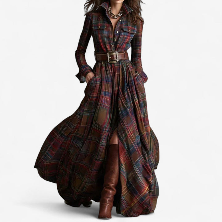 Barboteau Maxi im zeitlosen Karomuster Kleid für Damen mit langen Ärmeln