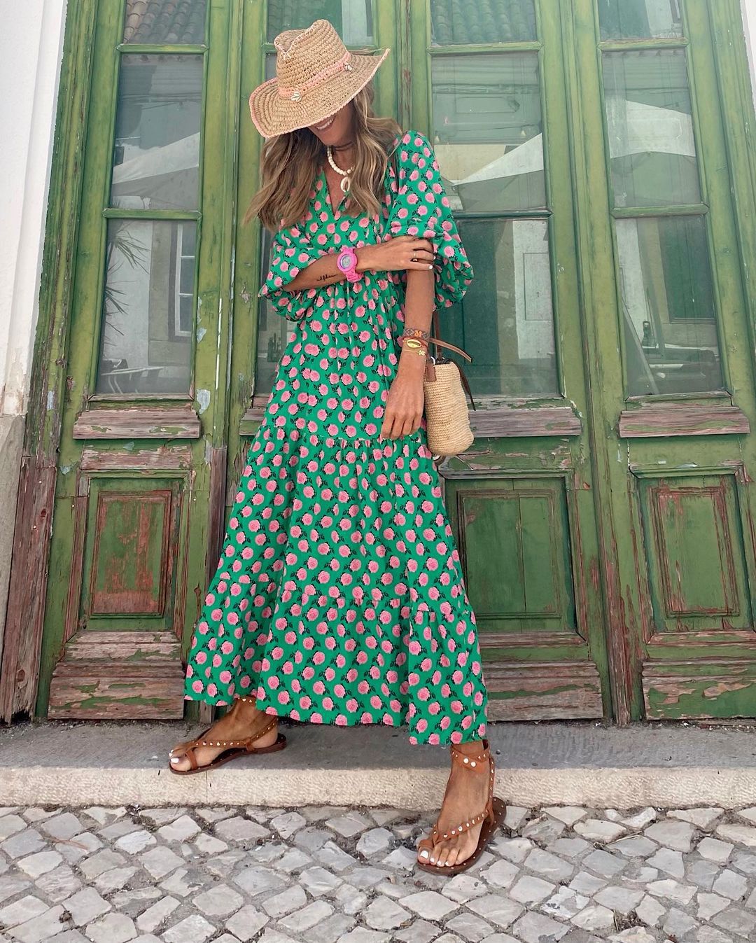 Fleur | Bohemian Maxi Kleid für Damen mit V-Ausschnitt und kurzen Ärmeln