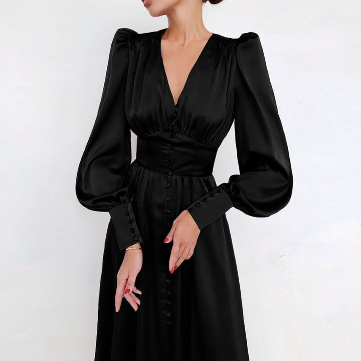 Hannah | Damen-Midikleid mit V-Ausschnitt und Knopfleiste