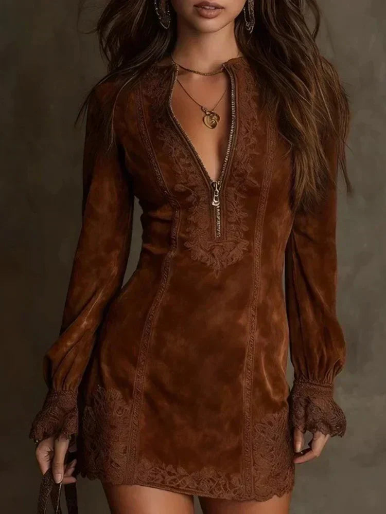 Schickes kurzes Wildleder-Lace-Kleid | Elegant und Feminin für Damen