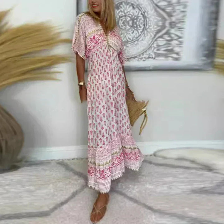 Damen Kurzarm-Maxikleid mit V-Ausschnitt