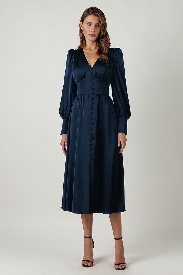 Hannah | Damen-Midikleid mit V-Ausschnitt und Knopfleiste