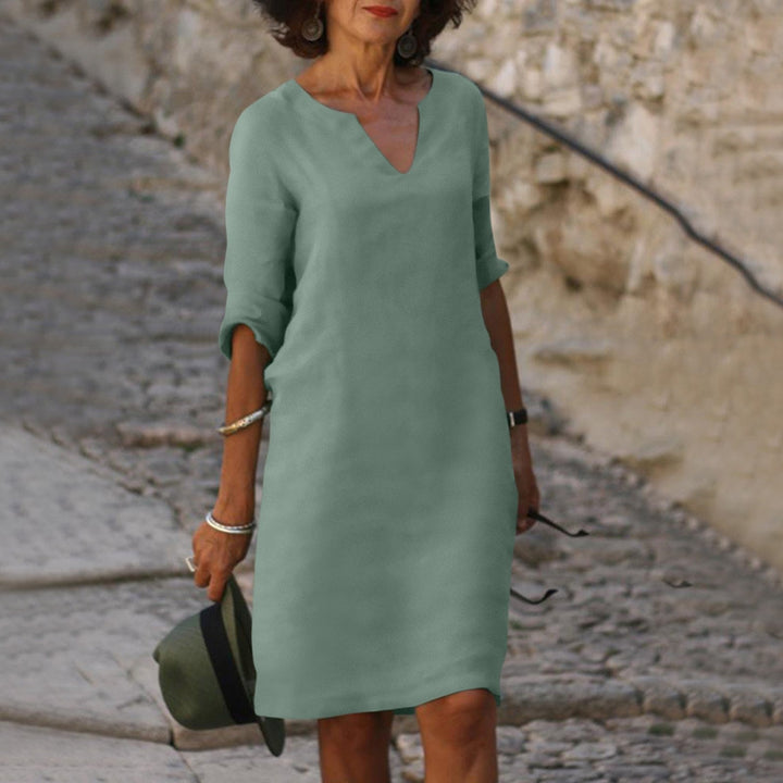 Luigia | Sommerkleid für Damen mit Bauchbedeckung, V-Ausschnitt und 3/4-Ärmeln