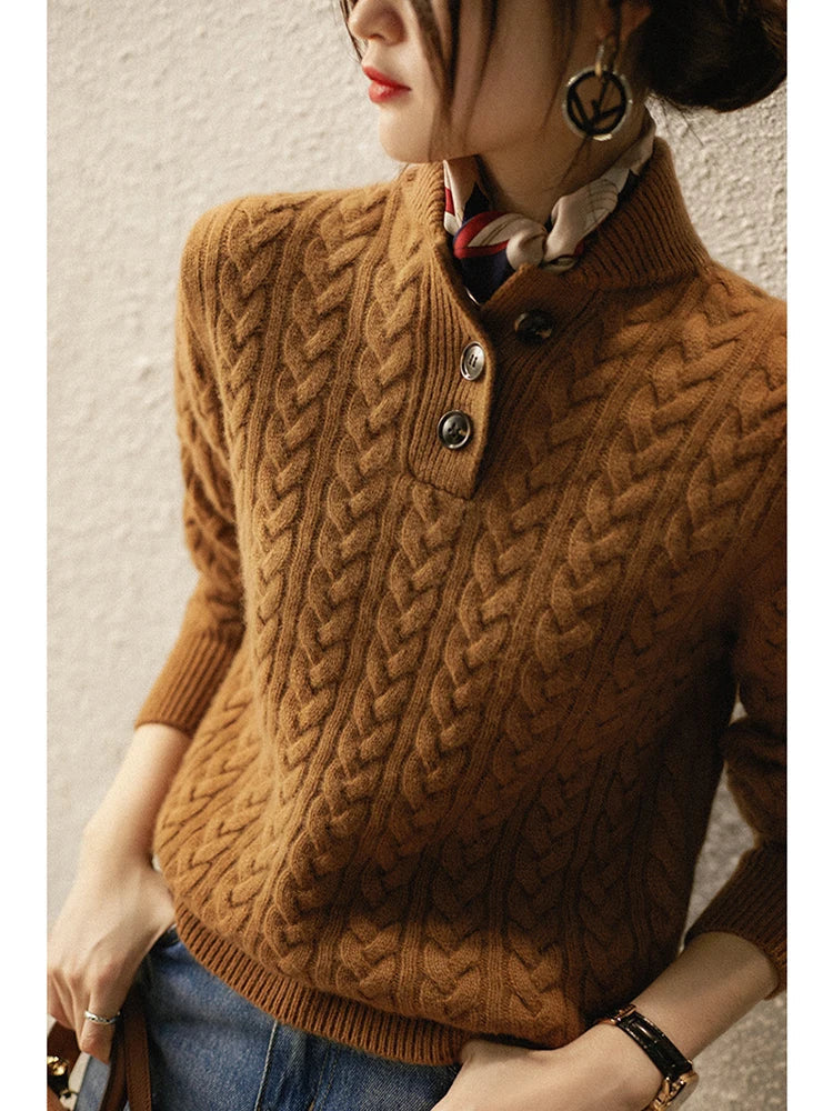 Arden Pullover für Damen mit Knopfleiste, Rundhalsausschnitt und Stehkragen