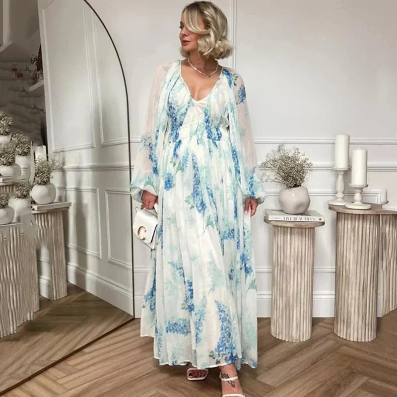Nora | Blaues Ozean Maxi Kleid für Damen mit V-Ausschnitt und langen Ärmeln