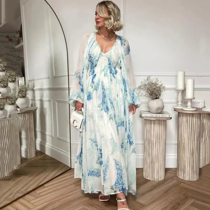 Nora | Blaues Ozean Maxi Kleid für Damen mit V-Ausschnitt und langen Ärmeln