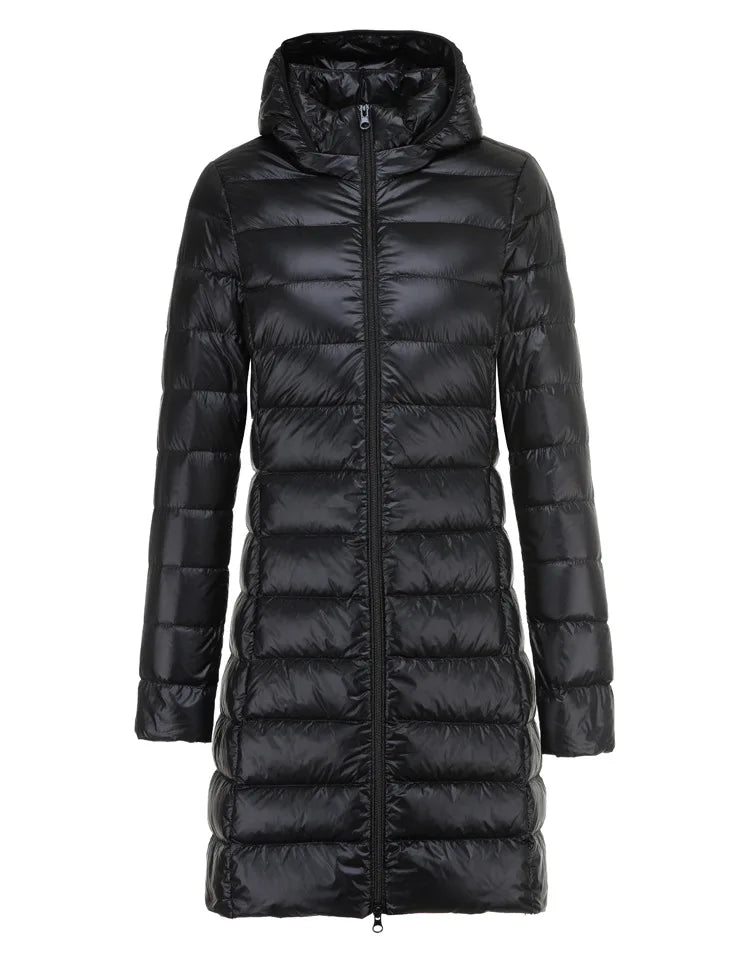 Sarah | Ultraleichte Lange Jacke für Damen mit Kapuze und langen Ärmeln