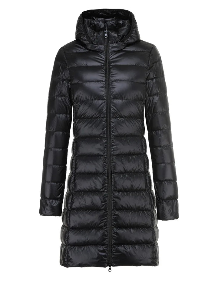 Sarah | Ultraleichte Lange Jacke für Damen mit Kapuze und langen Ärmeln