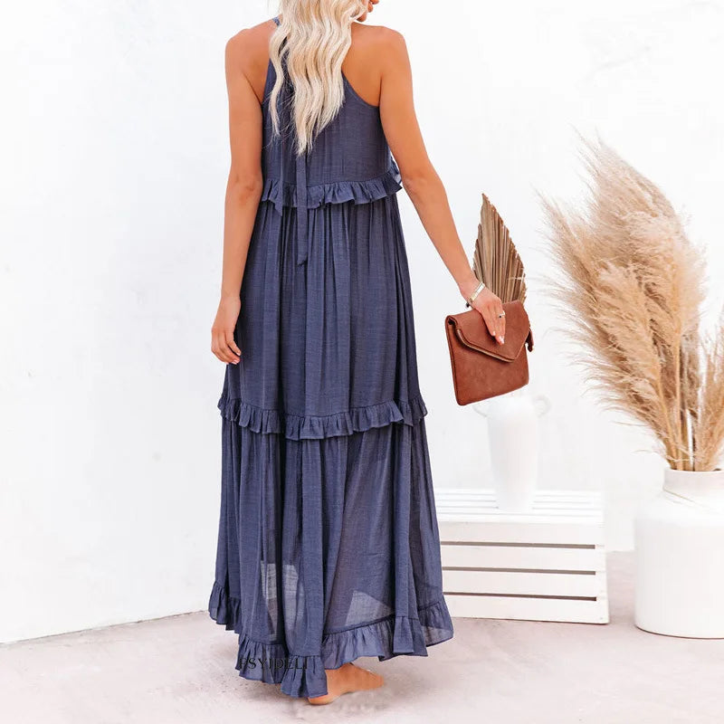 Emilia | Halter Ruffle Maxi Kleid mit langen Ärmeln