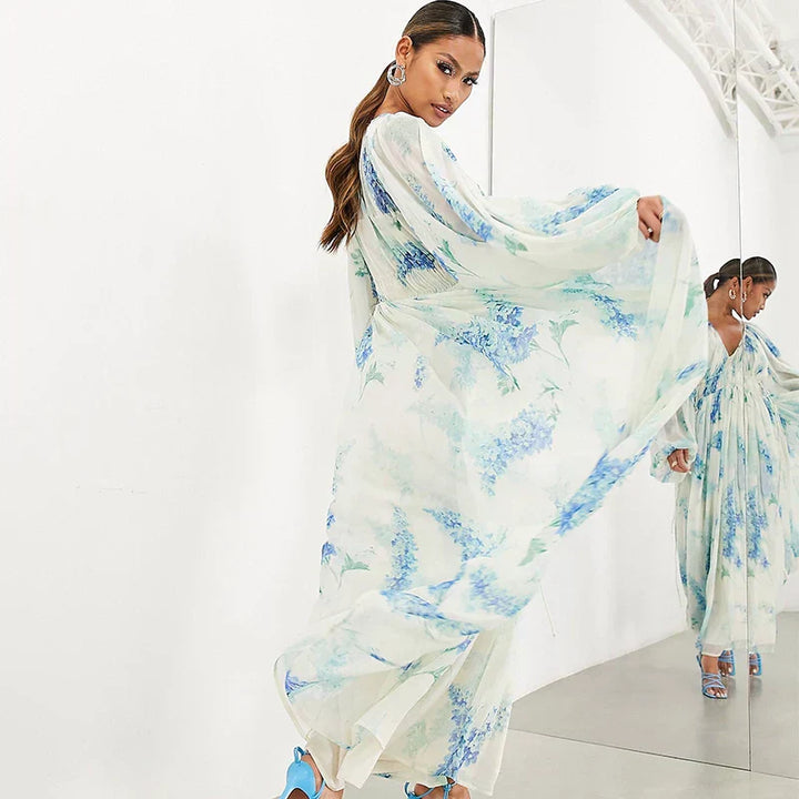 Nora | Blaues Ozean Maxi Kleid für Damen mit V-Ausschnitt und langen Ärmeln