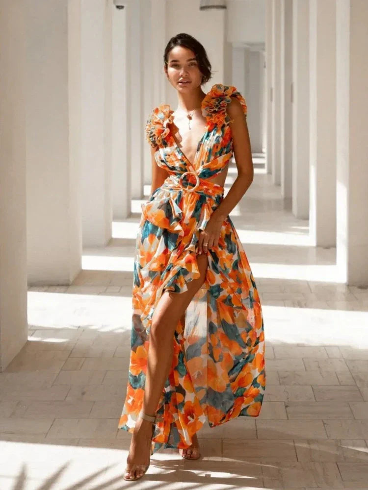 Aurora | Elegantes Rückenfreies Rüschens Maxikleid für Damen