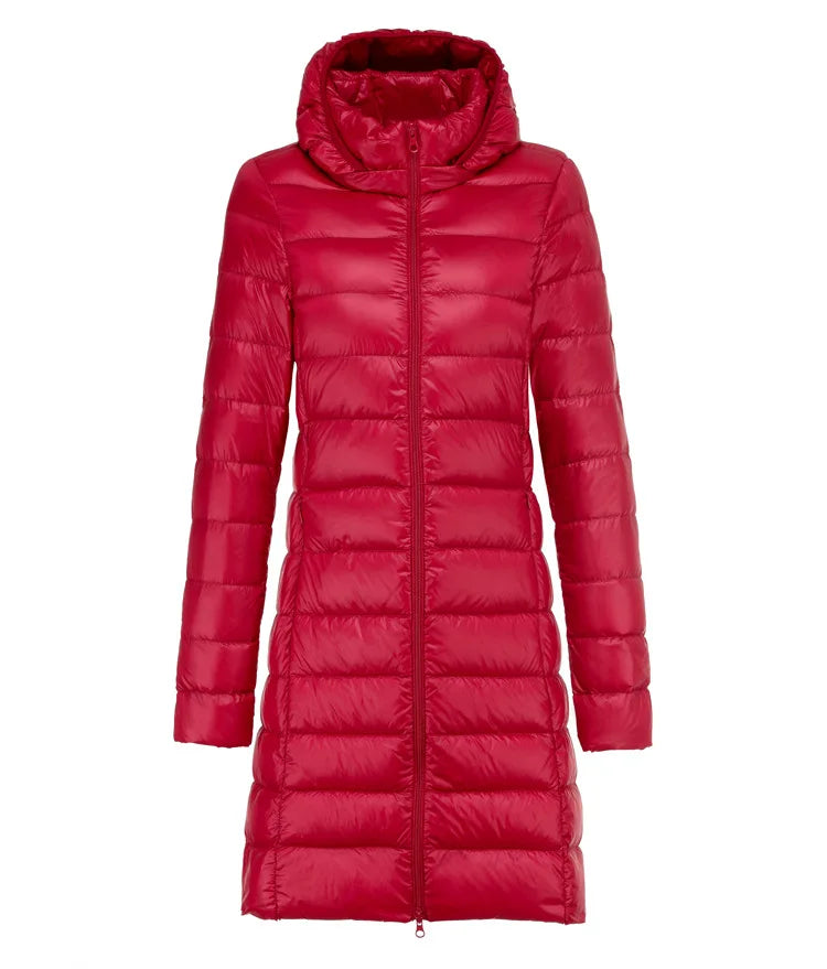 Sarah | Ultraleichte Lange Jacke für Damen mit Kapuze und langen Ärmeln