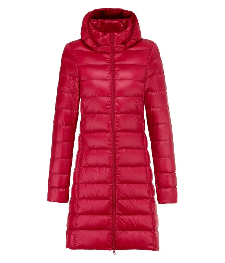 Sarah | Ultraleichte Lange Jacke für Damen mit Kapuze und langen Ärmeln