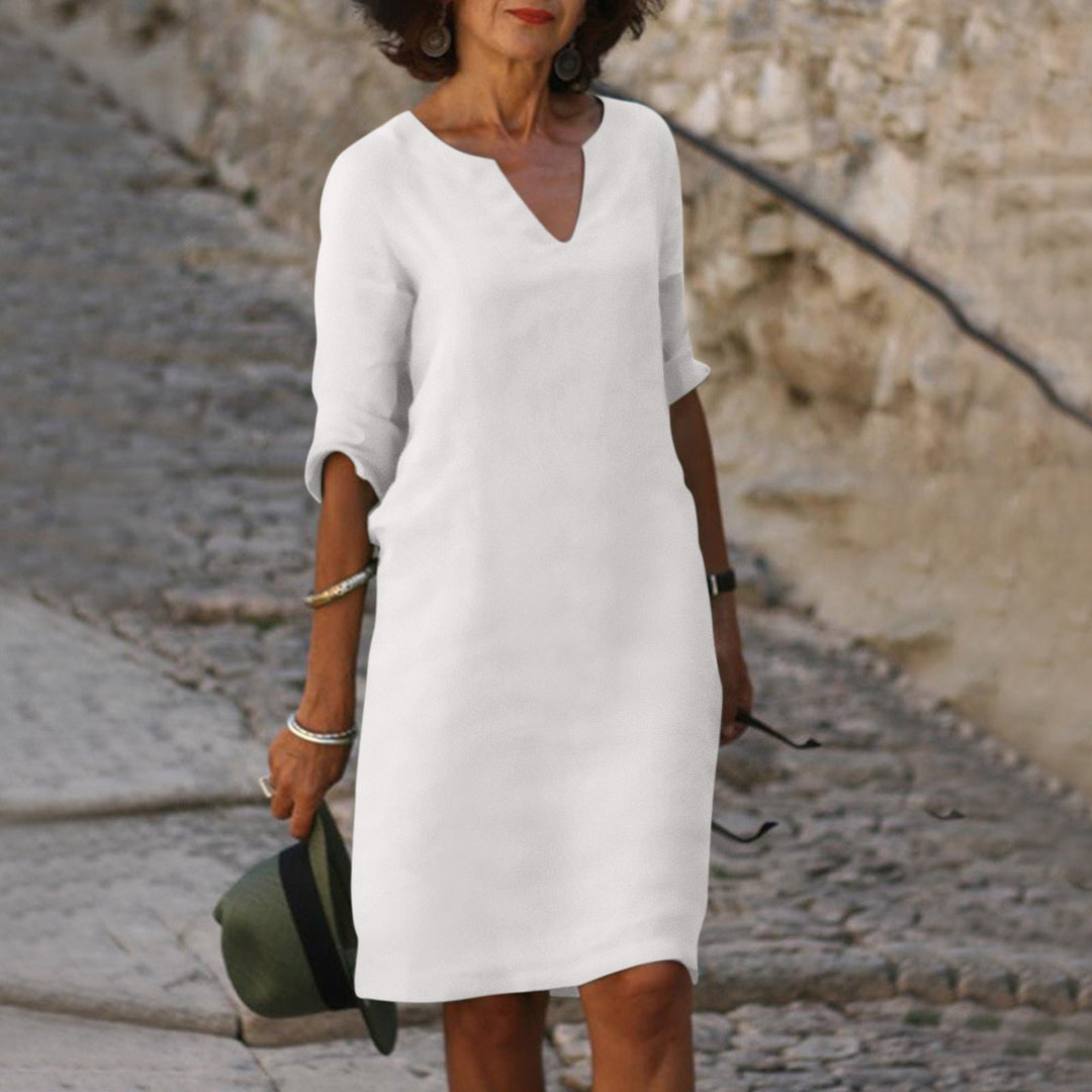 Luigia | Sommerkleid für Damen mit Bauchbedeckung, V-Ausschnitt und 3/4-Ärmeln