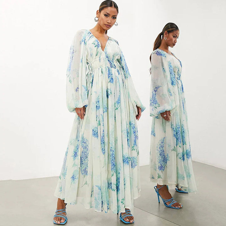 Nora | Blaues Ozean Maxi Kleid für Damen mit V-Ausschnitt und langen Ärmeln