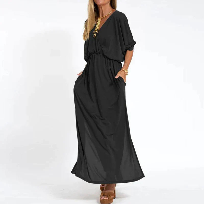 Mariah | Klassisches Maxi-Kleid für Damen mit V-Ausschnitt und 3/4-Ärmeln