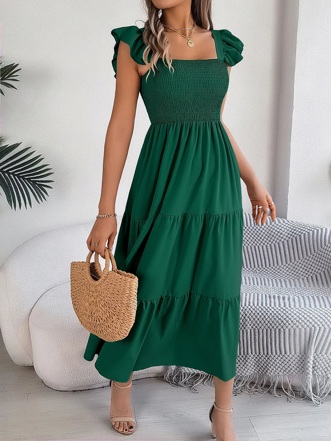 Yessa | Elegantes Stufen-Midikleid für Damen mit eckigem Ausschnitt