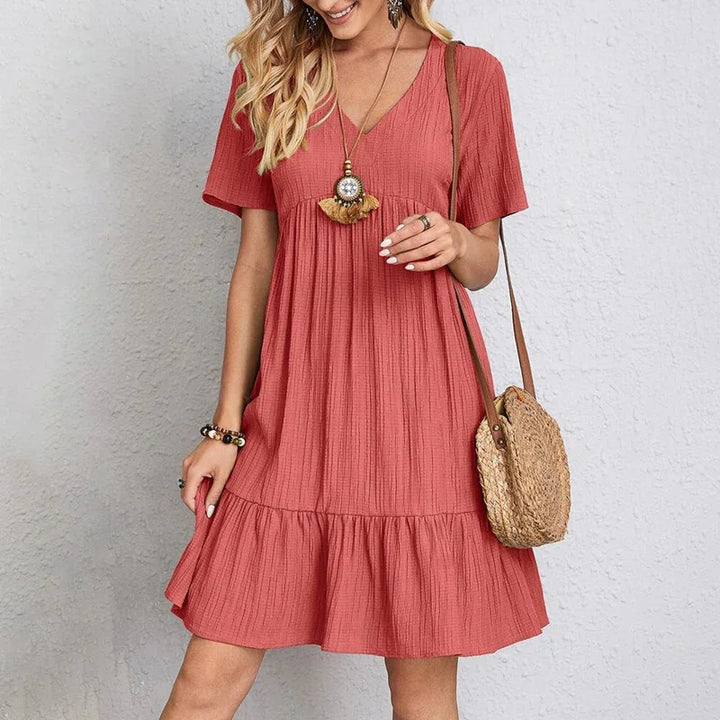 Olivia | Elegantes Midikleid für Damen mit V-Ausschnitt und kurzen Ärmeln