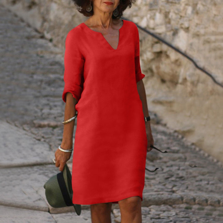 Luigia | Sommerkleid für Damen mit Bauchbedeckung, V-Ausschnitt und 3/4-Ärmeln