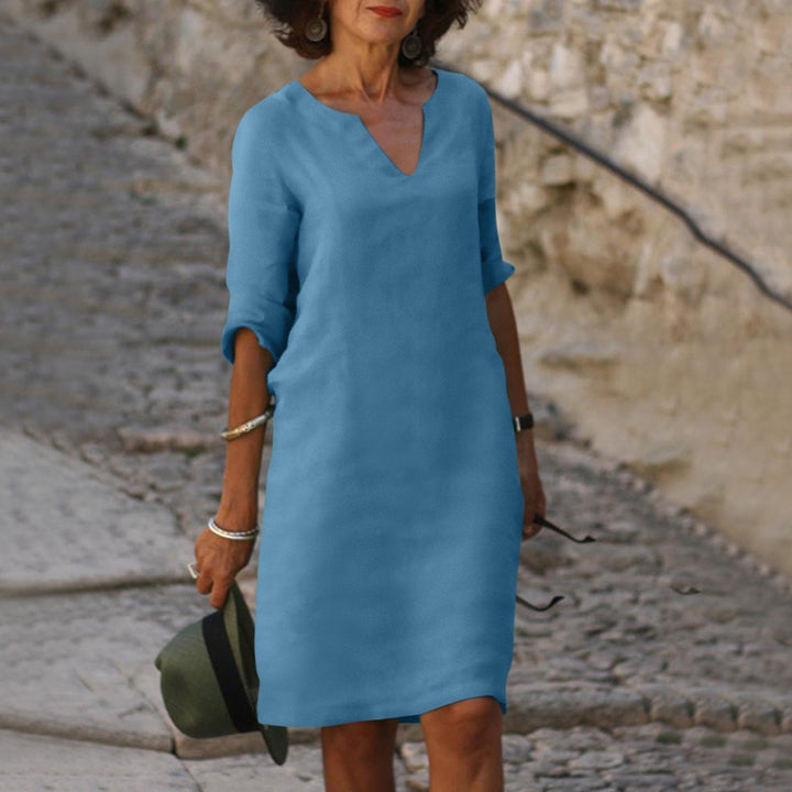 Luigia | Sommerkleid für Damen mit Bauchbedeckung, V-Ausschnitt und 3/4-Ärmeln