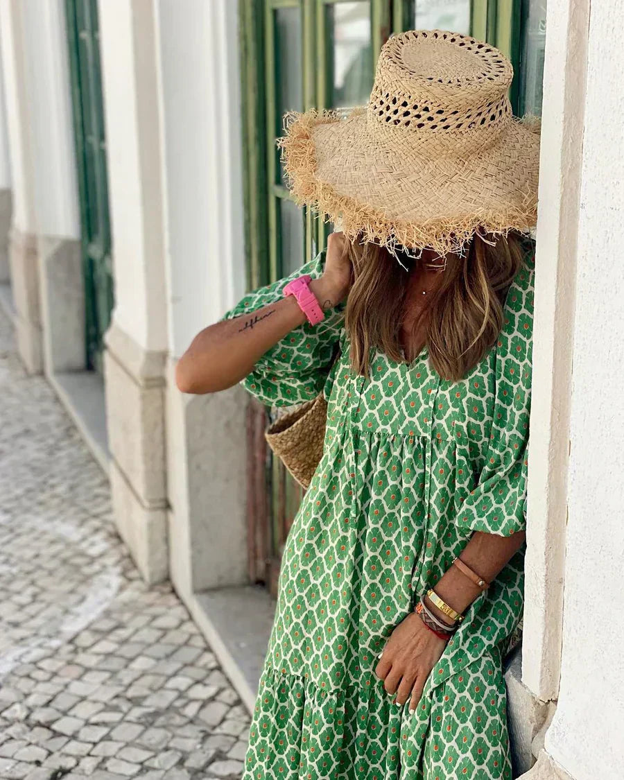 Fleur | Bohemian Maxi Kleid für Damen mit V-Ausschnitt und kurzen Ärmeln